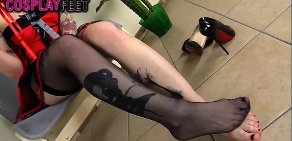  Sexy barefoot devil in stockings uses her feet to tease you